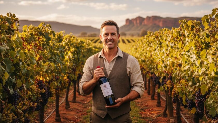 An epic moment captured: A professional photographer from Image by SD on location, skillfully taking Red Cliffs Victoria commercial brand photography of a vibrant local winery owner confidently presenting their award-winning bottle amidst rows of sun-drenched grapevines, with dramatic golden hour lighting, capturing their passion and the essence of the Red Cliffs region.