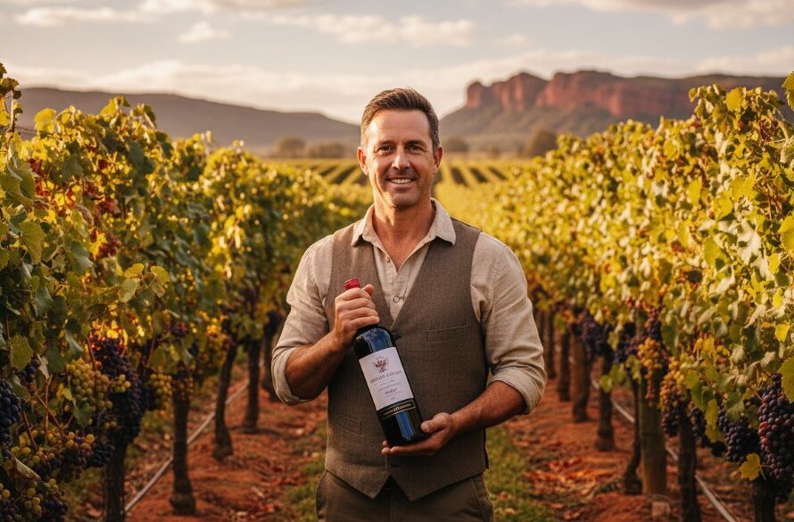 An epic moment captured: A professional photographer from Image by SD on location, skillfully taking Red Cliffs Victoria commercial brand photography of a vibrant local winery owner confidently presenting their award-winning bottle amidst rows of sun-drenched grapevines, with dramatic golden hour lighting, capturing their passion and the essence of the Red Cliffs region.