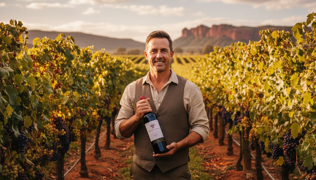 An epic moment captured: A professional photographer from Image by SD on location, skillfully taking Red Cliffs Victoria commercial brand photography of a vibrant local winery owner confidently presenting their award-winning bottle amidst rows of sun-drenched grapevines, with dramatic golden hour lighting, capturing their passion and the essence of the Red Cliffs region.