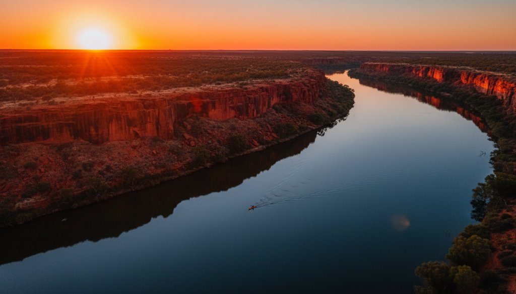 An epic aerial shot of the tranquil Murray River at sunset near Red Cliffs, Victoria, showcasing the vibrant red cliffs and the winding river under a dramatic, colourful sky, captured with Red Cliffs Victoria drone photography, evoking a sense of peaceful grandeur.