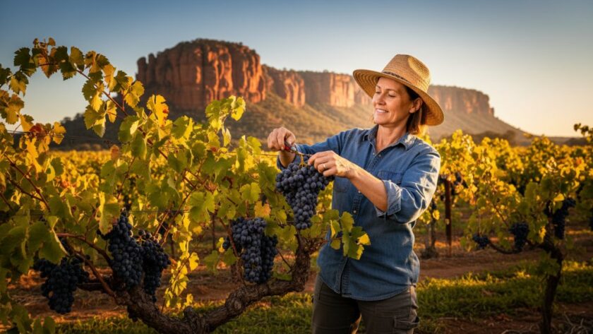 Dramatic wide-angle shot of a local Red Cliffs artisan, perhaps a winemaker or olive grower, standing proudly amidst their thriving vineyard at sunset, with the iconic Red Cliffs in the background. The scene is professionally lit to highlight their dedication and the unique spirit of Red Cliffs Victoria editorial photography capturing local stories.