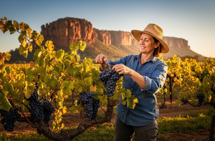 Dramatic wide-angle shot of a local Red Cliffs artisan, perhaps a winemaker or olive grower, standing proudly amidst their thriving vineyard at sunset, with the iconic Red Cliffs in the background. The scene is professionally lit to highlight their dedication and the unique spirit of Red Cliffs Victoria editorial photography capturing local stories.