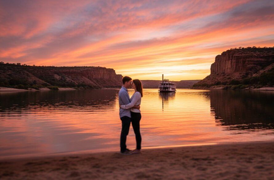 A stunning wide shot of a couple embracing during their Red Cliffs Victoria Pre-Wedding Photoshoot Murray River Sunset, with the golden hour light casting a warm glow over the water and a historic paddle steamer in the distance, capturing an epic moment of romance.