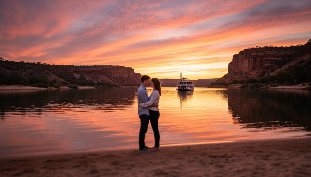 A stunning wide shot of a couple embracing during their Red Cliffs Victoria Pre-Wedding Photoshoot Murray River Sunset, with the golden hour light casting a warm glow over the water and a historic paddle steamer in the distance, capturing an epic moment of romance.