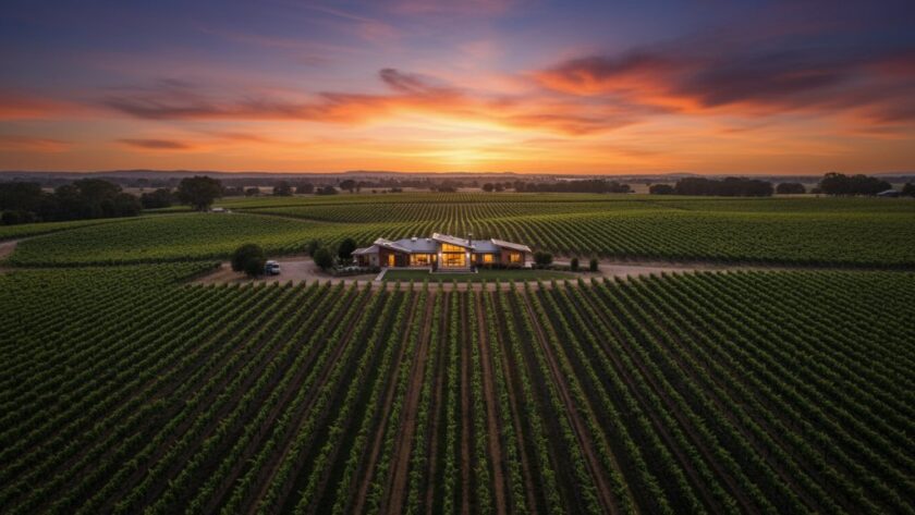 A panoramic, drone shot captures the golden hour sun setting over a sprawling vineyard in Red Cliffs, Victoria, highlighting a modern farmhouse with its lights warmly glowing, taken by a Red Cliffs Victoria real estate photography for vineyard properties expert.