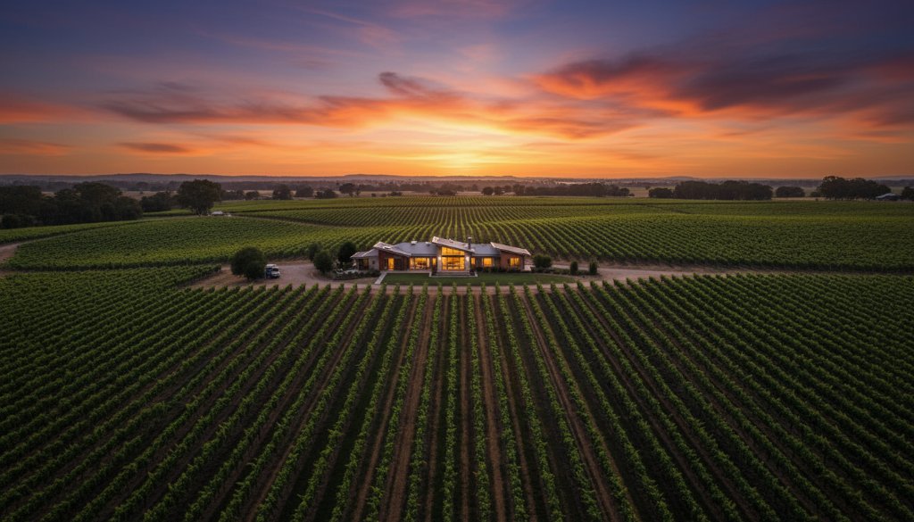 A panoramic, drone shot captures the golden hour sun setting over a sprawling vineyard in Red Cliffs, Victoria, highlighting a modern farmhouse with its lights warmly glowing, taken by a Red Cliffs Victoria real estate photography for vineyard properties expert.
