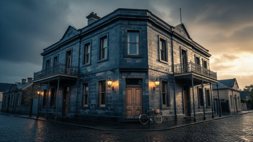 Dramatic evening shot of a historic Kyneton bluestone building, its grand facade illuminated by warm glow, showcasing the intricate details of Revealing Kyneton's Unique Heritage Architecture Photography.