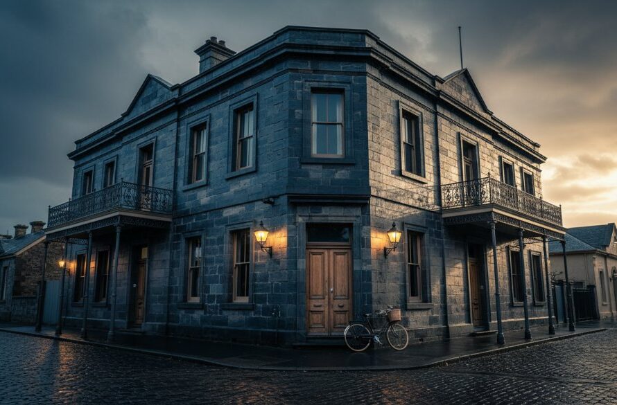 Dramatic evening shot of a historic Kyneton bluestone building, its grand facade illuminated by warm glow, showcasing the intricate details of Revealing Kyneton's Unique Heritage Architecture Photography.