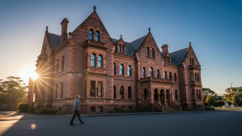 An expert shot Revealing Upper Ferntree Gully's Architectural Photography Beauty, featuring dramatic morning light hitting the intricate facade of a heritage building, highlighting its unique textures and lines, creating an epic, visually striking image that conveys history and modern design blend.