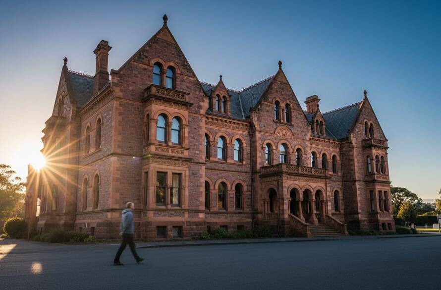 An expert shot Revealing Upper Ferntree Gully's Architectural Photography Beauty, featuring dramatic morning light hitting the intricate facade of a heritage building, highlighting its unique textures and lines, creating an epic, visually striking image that conveys history and modern design blend.