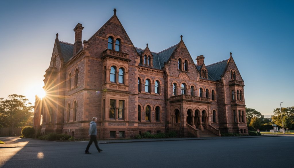 An expert shot Revealing Upper Ferntree Gully's Architectural Photography Beauty, featuring dramatic morning light hitting the intricate facade of a heritage building, highlighting its unique textures and lines, creating an epic, visually striking image that conveys history and modern design blend.