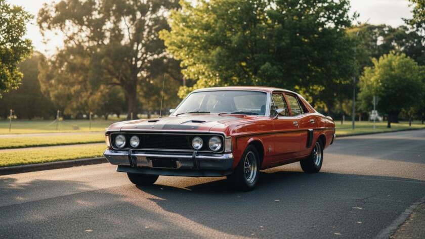 An epic moment of Ringwood automotive photography capturing vehicle soul: a gleaming classic muscle car dramatically lit at dusk, parked on a winding road with the distant glow of Ringwood's urban fringe.