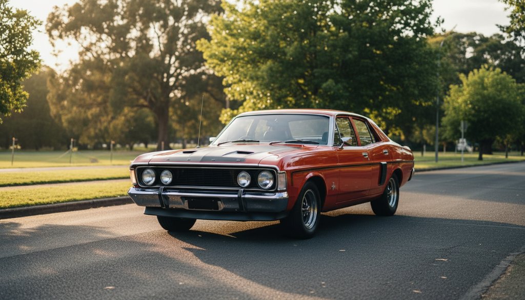 An epic moment of Ringwood automotive photography capturing vehicle soul: a gleaming classic muscle car dramatically lit at dusk, parked on a winding road with the distant glow of Ringwood's urban fringe.