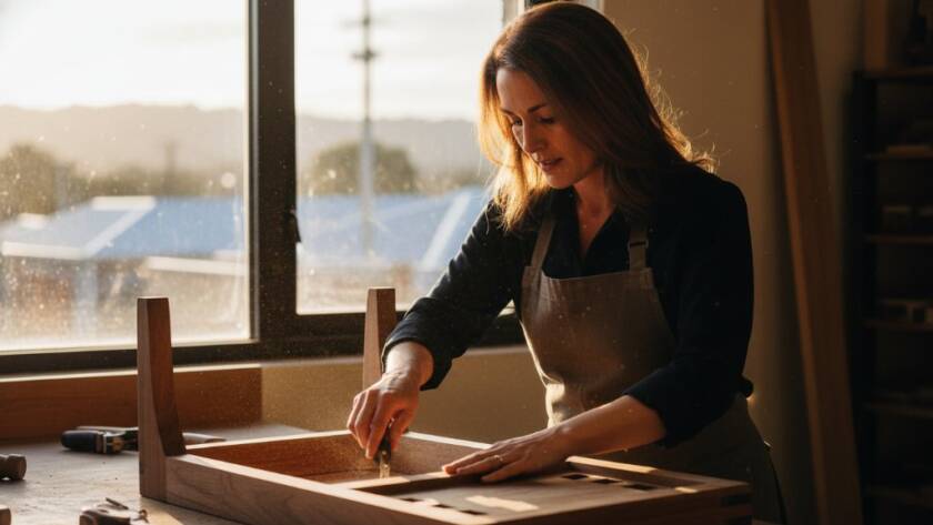 An 'epic moment' style photograph showing a dynamic small business owner in Ringwood, Victoria, passionately presenting their product in a beautifully lit, modern workshop, capturing the essence of Ringwood Victoria commercial photography for local brand storytelling.