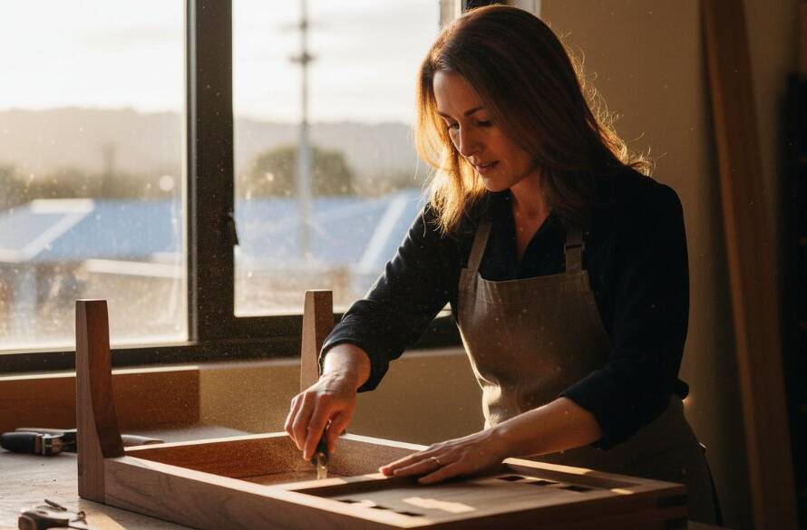 An 'epic moment' style photograph showing a dynamic small business owner in Ringwood, Victoria, passionately presenting their product in a beautifully lit, modern workshop, capturing the essence of Ringwood Victoria commercial photography for local brand storytelling.