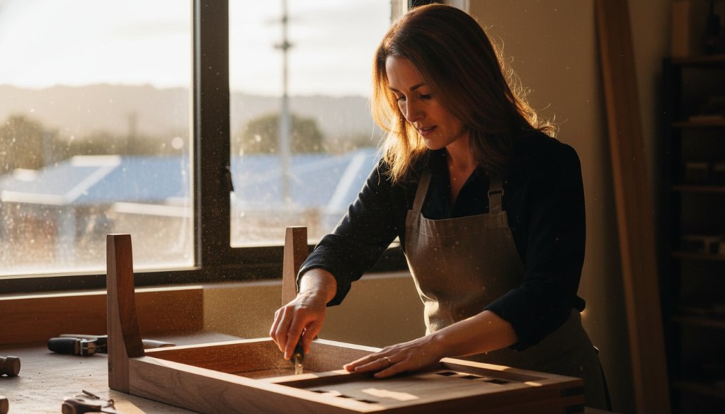 An 'epic moment' style photograph showing a dynamic small business owner in Ringwood, Victoria, passionately presenting their product in a beautifully lit, modern workshop, capturing the essence of Ringwood Victoria commercial photography for local brand storytelling.