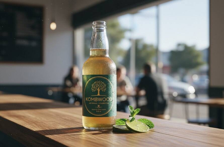 A dynamic, high-angle shot showcasing Ringwood commercial product photography storytelling solutions, featuring a beautifully lit, modern tech gadget resting on a rustic wooden table in a sun-drenched cafe with blurred Ringwood street life in the background, exuding an aspirational, professional feel with dramatic, natural light and a cinematic colour grade.