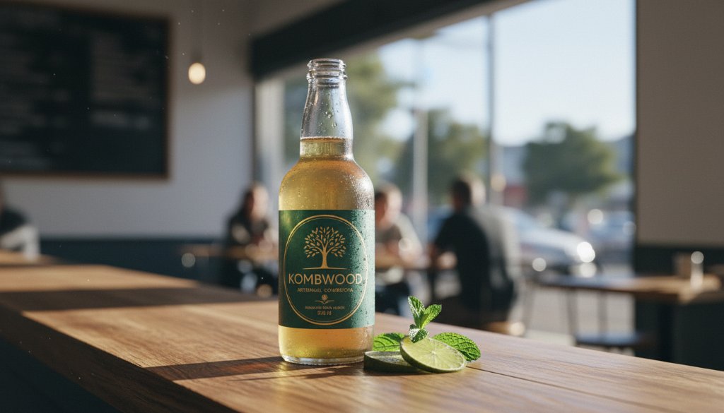 A dynamic, high-angle shot showcasing Ringwood commercial product photography storytelling solutions, featuring a beautifully lit, modern tech gadget resting on a rustic wooden table in a sun-drenched cafe with blurred Ringwood street life in the background, exuding an aspirational, professional feel with dramatic, natural light and a cinematic colour grade.