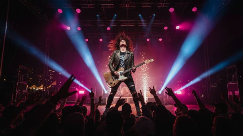 Dynamic wide-angle shot of a lead guitarist mid-solo at an outdoor festival in Ringwood, bathed in dramatic magenta and blue stage lights, with a cheering crowd in the foreground and a hazy Melbourne skyline in the background, perfectly illustrating electrifying Ringwood concert photography capturing an epic band moment.