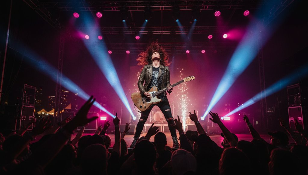 Dynamic wide-angle shot of a lead guitarist mid-solo at an outdoor festival in Ringwood, bathed in dramatic magenta and blue stage lights, with a cheering crowd in the foreground and a hazy Melbourne skyline in the background, perfectly illustrating electrifying Ringwood concert photography capturing an epic band moment.