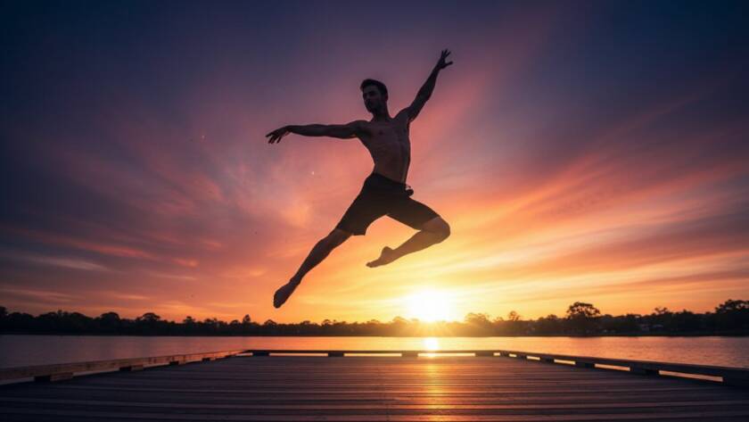 A dramatic, professionally colour-graded photograph showcasing an epic moment in Ringwood dance photography capturing expressive movement, featuring a contemporary dancer mid-leap against a blurred, beautifully lit urban backdrop of Ringwood, bathed in the soft glow of golden hour.