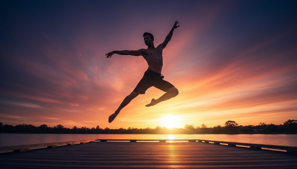 A dramatic, professionally colour-graded photograph showcasing an epic moment in Ringwood dance photography capturing expressive movement, featuring a contemporary dancer mid-leap against a blurred, beautifully lit urban backdrop of Ringwood, bathed in the soft glow of golden hour.