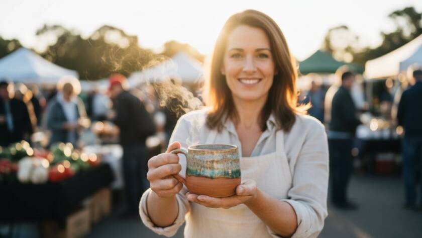 A dramatic and expertly lit photograph capturing the essence of a thriving local Ringwood East brand, showcasing products beautifully arranged on a rustic timber table at a Ringwood East market, with joyful customers interacting in the soft evening light, embodying successful Ringwood East Advertising Photography Local Brands Victoria.
