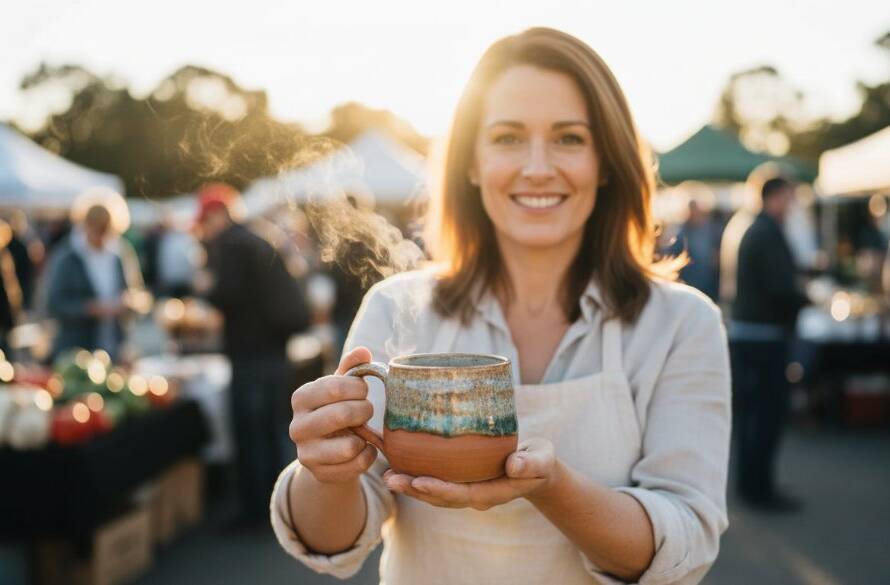 A dramatic and expertly lit photograph capturing the essence of a thriving local Ringwood East brand, showcasing products beautifully arranged on a rustic timber table at a Ringwood East market, with joyful customers interacting in the soft evening light, embodying successful Ringwood East Advertising Photography Local Brands Victoria.