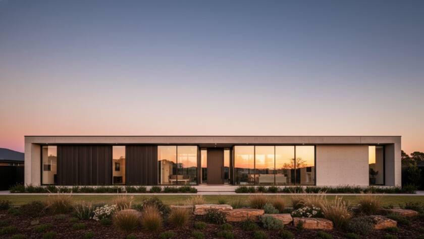 An epic moment photograph capturing a stunning modern residential design in Ringwood East, Victoria, with dramatic late afternoon sunlight highlighting its clean lines and unique façade. The Ringwood East architectural photography modern residential designs are showcased beautifully, with a focus on the interplay of light and shadow, and professional color grading enhancing the contemporary aesthetic.