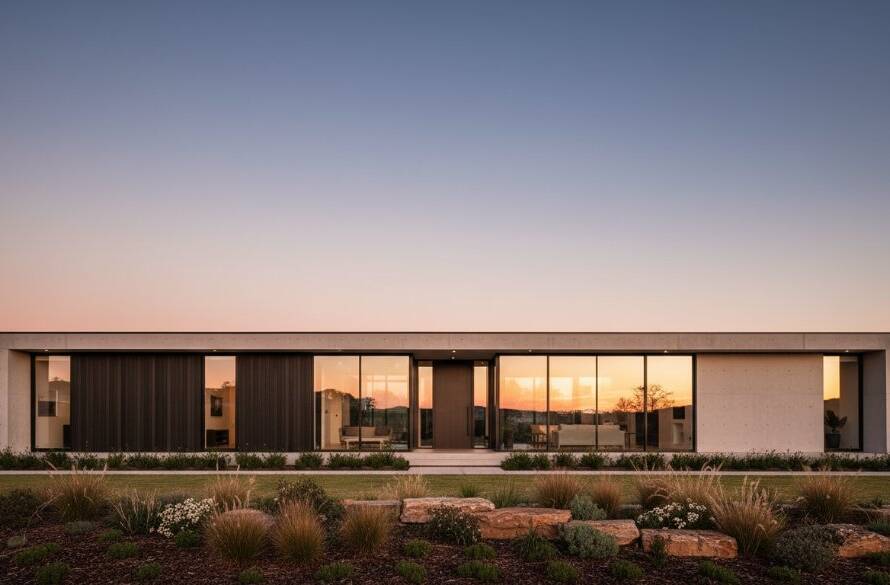 An epic moment photograph capturing a stunning modern residential design in Ringwood East, Victoria, with dramatic late afternoon sunlight highlighting its clean lines and unique façade. The Ringwood East architectural photography modern residential designs are showcased beautifully, with a focus on the interplay of light and shadow, and professional color grading enhancing the contemporary aesthetic.