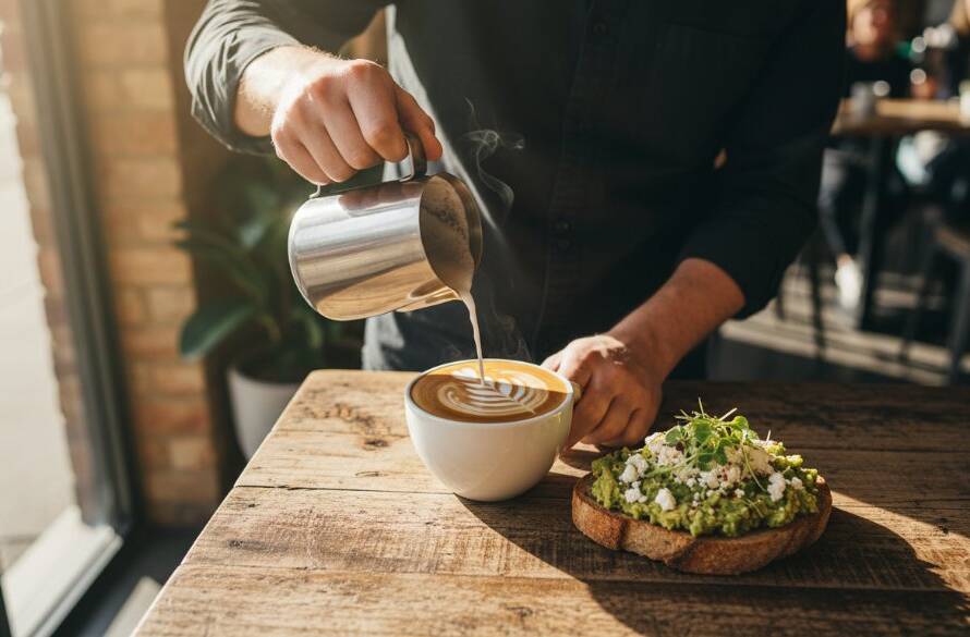 Dynamic overhead shot capturing an 'epic moment' of a freshly brewed artisanal coffee being poured next to a vibrant brunch plate at a sun-drenched cafe in Ringwood East, showcasing perfect Ringwood East cafe food photography inspiration with dramatic natural light.