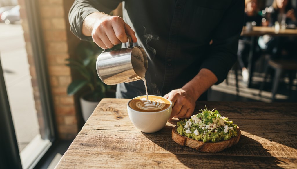 Dynamic overhead shot capturing an 'epic moment' of a freshly brewed artisanal coffee being poured next to a vibrant brunch plate at a sun-drenched cafe in Ringwood East, showcasing perfect Ringwood East cafe food photography inspiration with dramatic natural light.