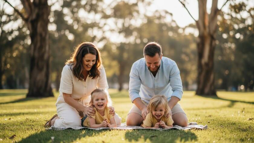 A joyful family embracing during Ringwood East candid photography authentic family moments, set against a golden hour backdrop in a local park, capturing their genuine laughter and connection.