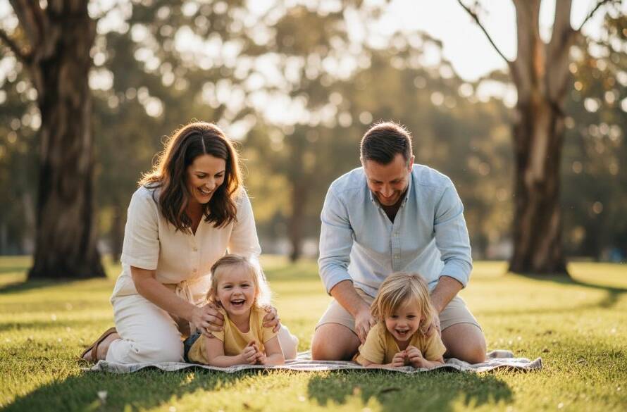 A joyful family embracing during Ringwood East candid photography authentic family moments, set against a golden hour backdrop in a local park, capturing their genuine laughter and connection.