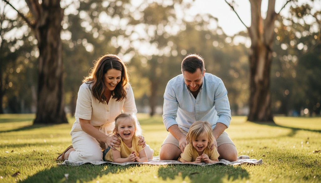 A joyful family embracing during Ringwood East candid photography authentic family moments, set against a golden hour backdrop in a local park, capturing their genuine laughter and connection.