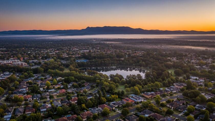 An epic drone photography panoramic view of Ringwood East at sunrise, showcasing sprawling parklands, suburban homes, and distant Dandenong Ranges bathed in golden light.