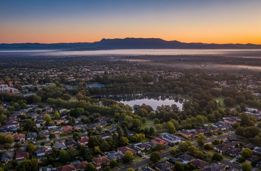An epic drone photography panoramic view of Ringwood East at sunrise, showcasing sprawling parklands, suburban homes, and distant Dandenong Ranges bathed in golden light.