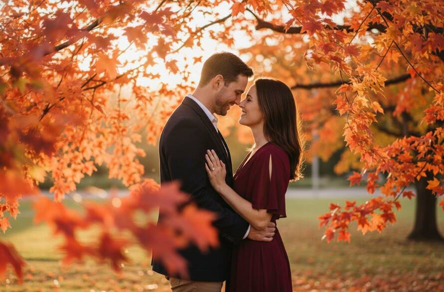 An epic moment of a newly engaged couple embracing under golden autumn foliage in a sun-drenched park in Ringwood East, showcasing Ringwood East engagement photography romantic autumn shoots with dramatic, professional lighting.