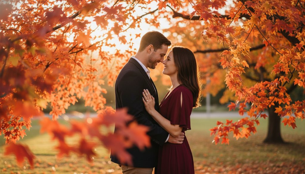 An epic moment of a newly engaged couple embracing under golden autumn foliage in a sun-drenched park in Ringwood East, showcasing Ringwood East engagement photography romantic autumn shoots with dramatic, professional lighting.