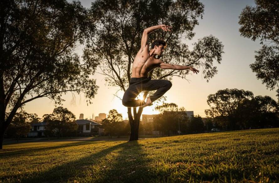 Dynamic capture of a male contemporary dancer mid-leap, silhouetted against a dramatic sunset over Ringwood East, showcasing the power and grace of Ringwood East expressive contemporary dance photography, with intense professional lighting highlighting his form.