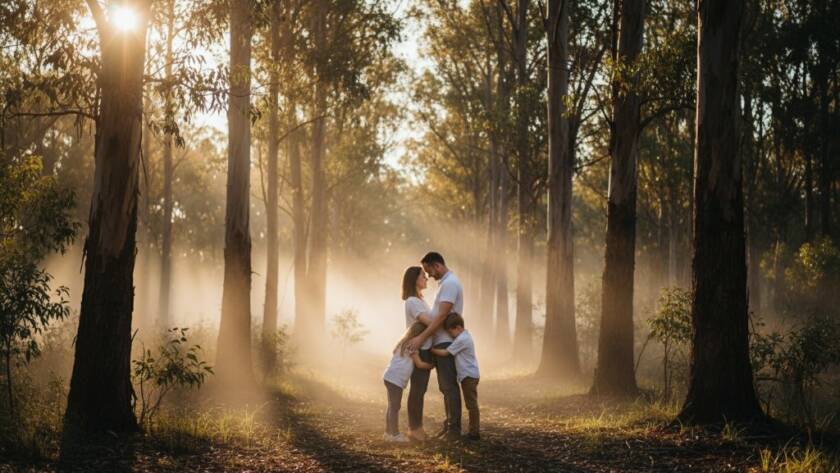 A dramatically lit, emotive fine art portrait in Ringwood East capturing a family legacy, with soft golden hour light filtering through eucalyptus trees, highlighting deep connections.