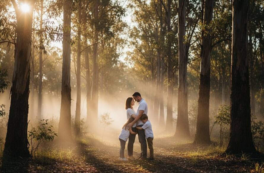 A dramatically lit, emotive fine art portrait in Ringwood East capturing a family legacy, with soft golden hour light filtering through eucalyptus trees, highlighting deep connections.