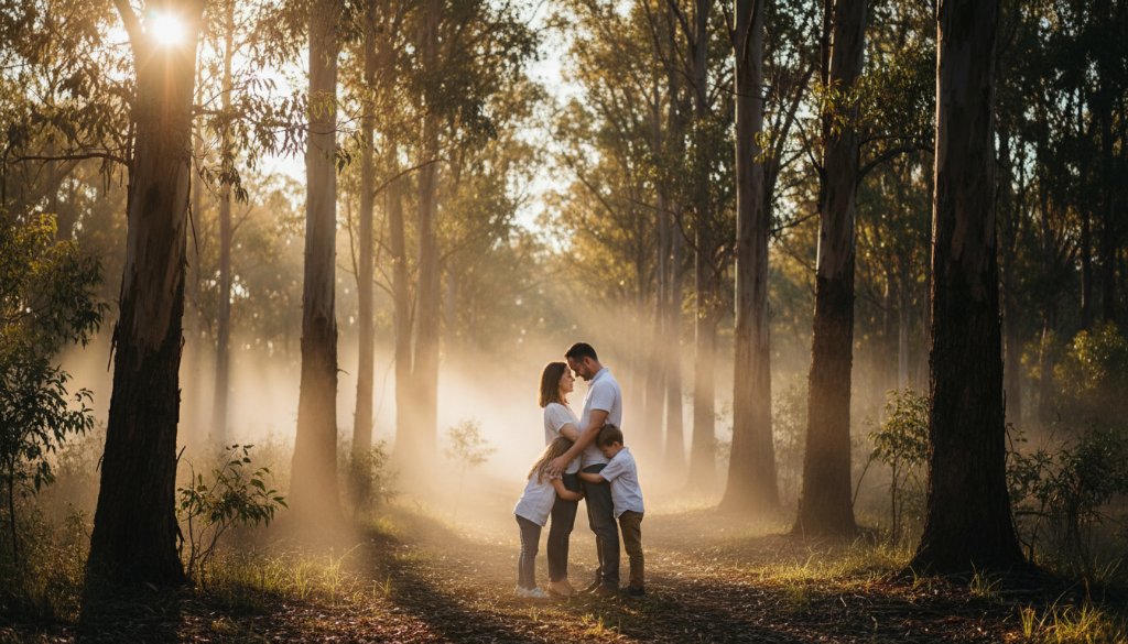 A dramatically lit, emotive fine art portrait in Ringwood East capturing a family legacy, with soft golden hour light filtering through eucalyptus trees, highlighting deep connections.