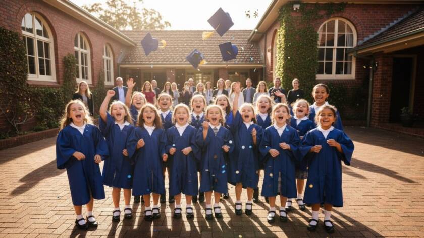 A vibrant, emotionally charged photograph capturing Ringwood East primary school graduation photography specialists documenting a child's ecstatic leap, diploma in hand, against a backdrop of proud parents and sunlit school grounds, showcasing the joyous end of an era.