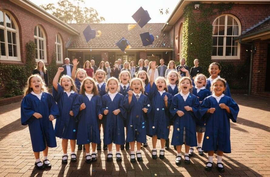A vibrant, emotionally charged photograph capturing Ringwood East primary school graduation photography specialists documenting a child's ecstatic leap, diploma in hand, against a backdrop of proud parents and sunlit school grounds, showcasing the joyous end of an era.