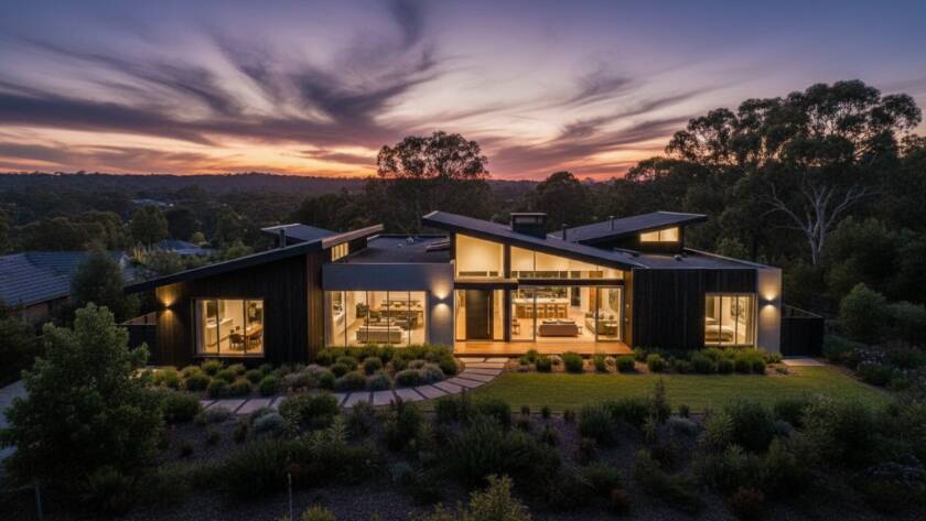 An aerial long exposure shot at dusk over a beautifully lit modern home in Ringwood East, Victoria, showcasing the property's stunning architecture and vibrant garden with city lights faintly visible in the distance, embodying Ringwood East real estate photography tips for quick sales with dramatic flair.