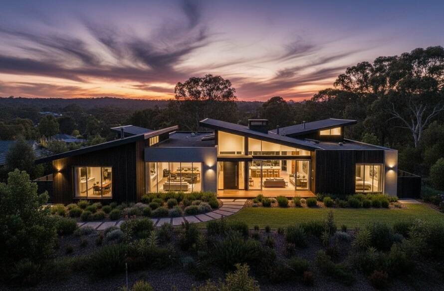An aerial long exposure shot at dusk over a beautifully lit modern home in Ringwood East, Victoria, showcasing the property's stunning architecture and vibrant garden with city lights faintly visible in the distance, embodying Ringwood East real estate photography tips for quick sales with dramatic flair.