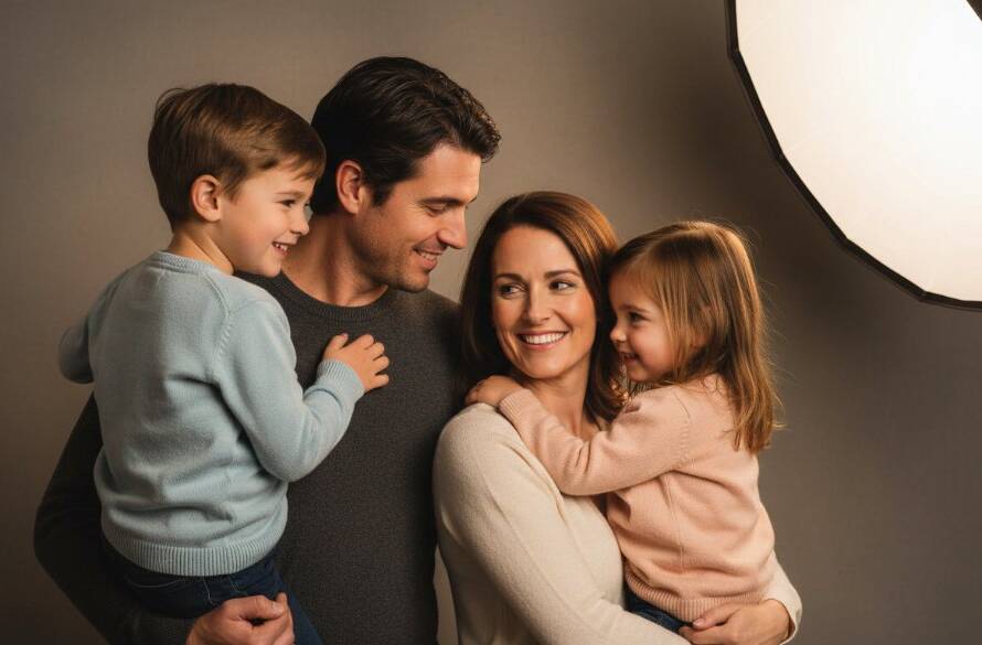 Dramatic, emotionally charged Ringwood East studio photography for timeless family portraits, showing a family of four in a warm, intimate pose, bathed in soft, ethereal light, capturing a truly epic moment of connection. Professional color grading and composition.