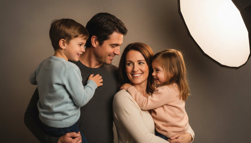 Dramatic, emotionally charged Ringwood East studio photography for timeless family portraits, showing a family of four in a warm, intimate pose, bathed in soft, ethereal light, capturing a truly epic moment of connection. Professional color grading and composition.