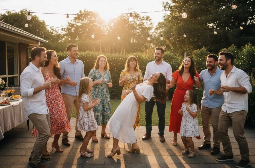 Ringwood East vibrant party photography capturing genuine joy, featuring a wide-angle shot of friends laughing and dancing under string lights at a backyard party, golden hour light, bokeh background, professional color grading.